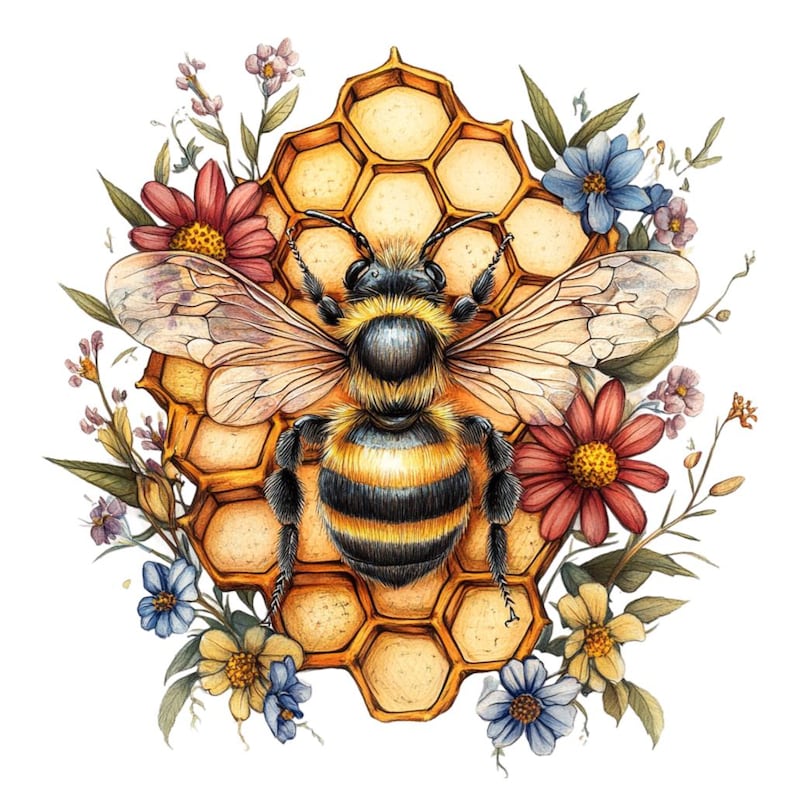 Puede incluir: Una ilustraci&oacute;n de acuarela de una abeja sentada en un panal de miel rodeada de flores. La abeja es amarilla y negra con ojos marrones. Las flores son rosas, azules y amarillas.