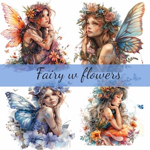 16 Fee mit Blumen Clipart-Bundle, 16 hochwertige JPG, Craft Art, Kartenherstellung, Clip Art, digitale Papiermodelle, Scrapbooking