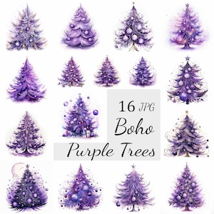 16 Purple Boho Christmas Trees Clipart Bundle, High-Quality JPG, Wall Art, Card Making, Clip Art, Digital Paper Craft, Scrapbooking Tree JPG
