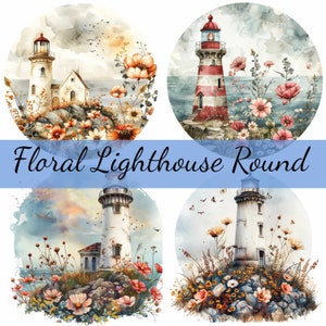 May include: Four watercolor paintings of lighthouses with floral accents. Each painting features a lighthouse with a white or red and white striped exterior, surrounded by colorful flowers and greenery. The paintings are set against a backdrop of a blue sky and ocean.