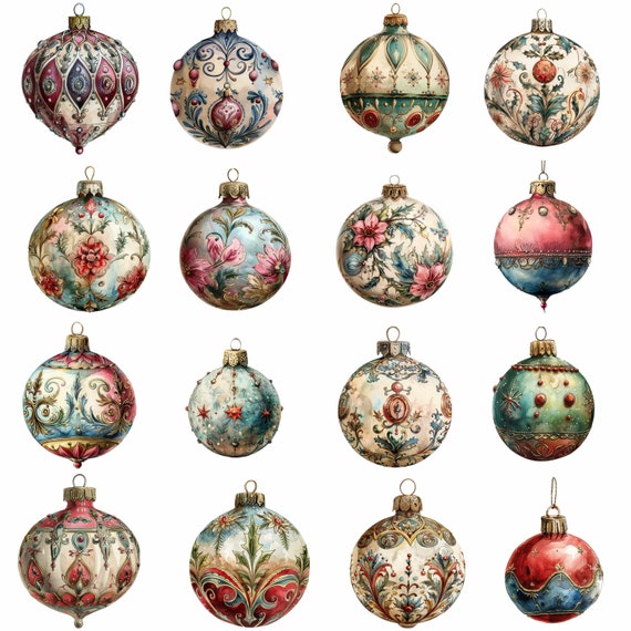 16 個のビンテージ クリスマス オーナメント クリップアート バンドル