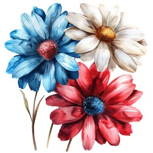 Red White Blue Daisy Flowers Clipart Bundle, 16 High-quality JPG, Craft ...