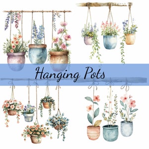 May include: A watercolor illustration of hanging flower pots with various plants and flowers. The pots are in different colors and styles, and the flowers are in bloom. The image is titled "Hanging Pots".