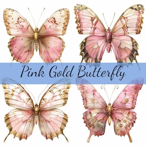 Lot de 16 cliparts papillons roses et or, 16 images JPG de haute qualité, créations artistiques, fabrication de cartes, clipart, créations numériques sur papier, scrapbooking