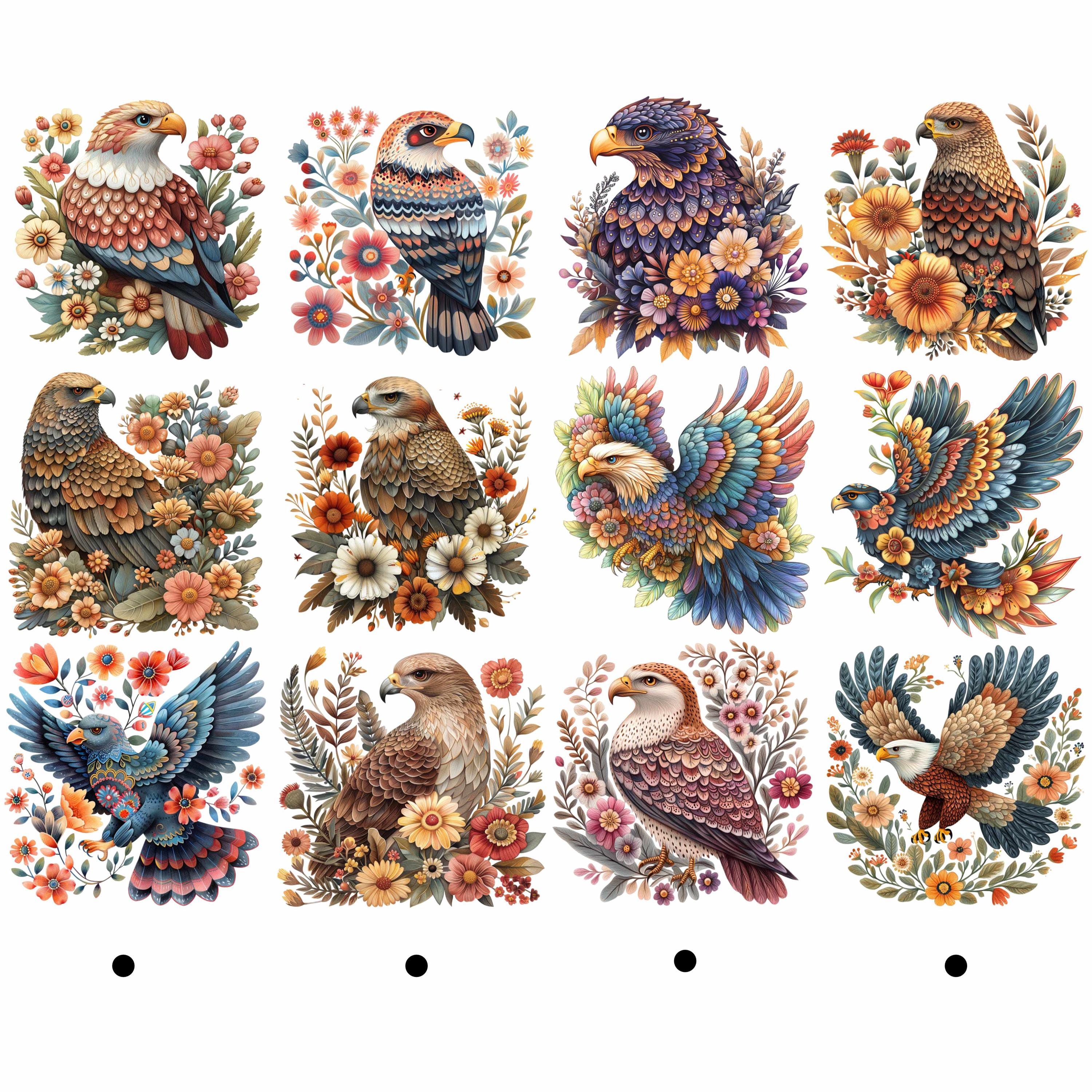 Folk Art Eagle in Flowers Clipart Bundle, 12 Transparent PNG Download ...