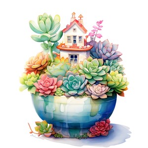 May include: A miniature house sits nestled in a pot filled with a variety of succulents. The house is painted white with a red roof and has small windows. The succulents are in shades of green, pink, and orange.