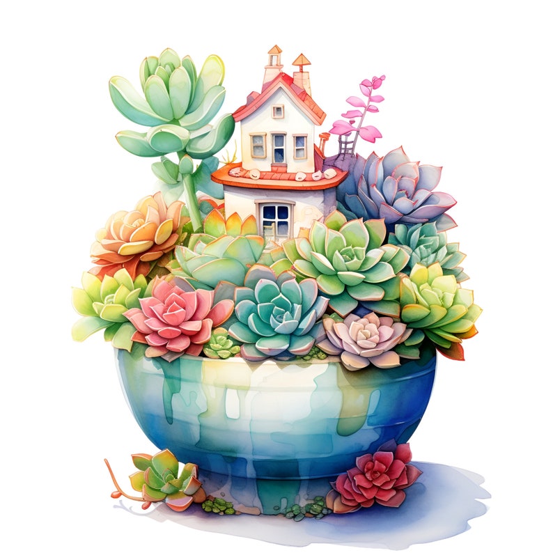 May include: A miniature house sits nestled in a pot filled with a variety of succulents. The house is painted white with a red roof and has small windows. The succulents are in shades of green, pink, and orange.