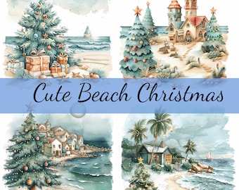 Op de afbeelding: Vier aquarel illustraties van kerstscènes op een strand. De eerste scène toont een gedecoreerde kerstboom met cadeaus eronder, een zeilboot in de verte en een blauwe zee. De tweede scène toont een gedecoreerde kerstboom voor een klein huisje met een rood dak en een wit hek. De derde scène toont een gedecoreerde kerstboom voor een rij huizen met een blauwe zee op de achtergrond. De vierde scène toont een gedecoreerde kerstboom voor een klein huisje met een blauwe zee op de achtergrond.