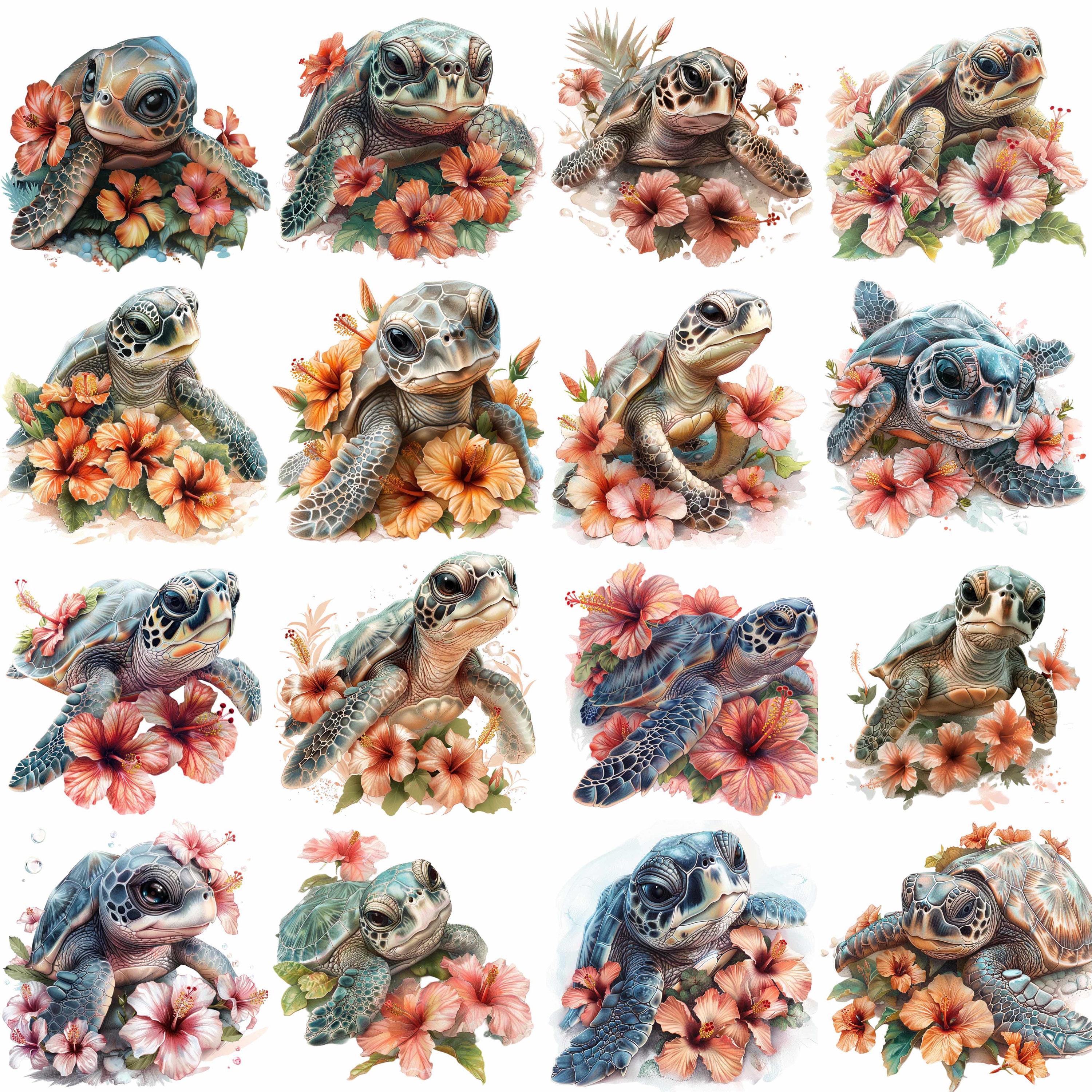 16 Sea Turtle With Hibiscus Flowers Clipart Bundle, 16 High