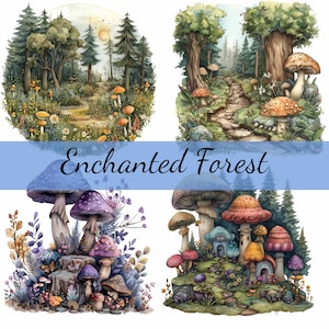 15 Enchanted Forest Woods w paddestoelen clipartbundel, hoogwaardige JPG, ambachtelijke kunst, kaarten maken, illustraties, digitale papierkunst, scrapbooking