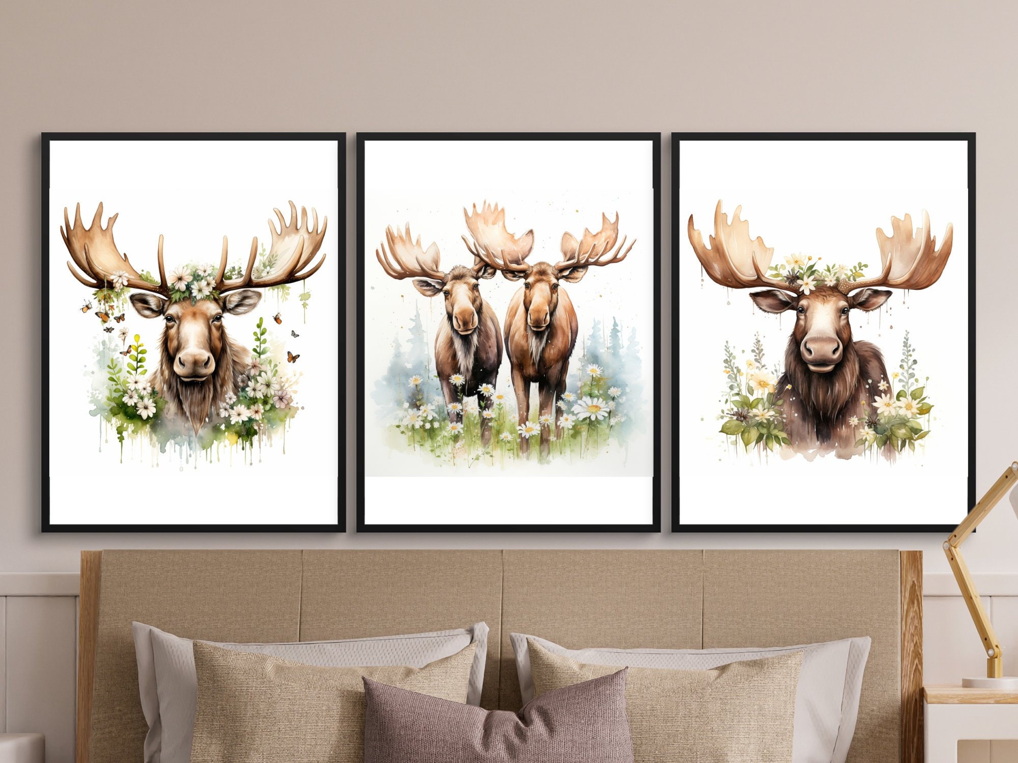 12 Cute Moose W Flowers Clipart Bundle, High-quality JPG, Nursery Art ...