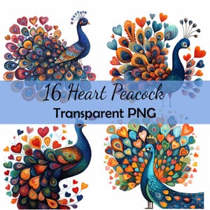 15 heureux paon coeur amour art folklorique Clipart Bundle téléchargement PNG transparent, carte, clipart, créations numériques en papier, scrapbooking