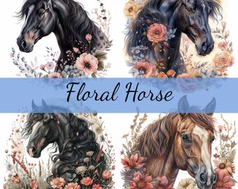 May include: Four digital paintings of horses with floral arrangements around their heads. The horses are all facing to the right. The flowers are in shades of pink, purple, and white.