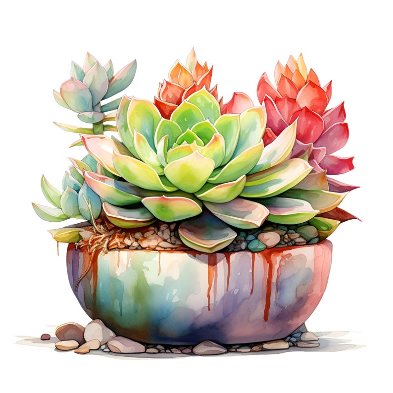 May include: A watercolor painting of a succulent plant arrangement in a colorful ceramic pot. The succulents are a variety of green, red, and orange hues. The pot is decorated with drips of paint in shades of blue, green, and orange.