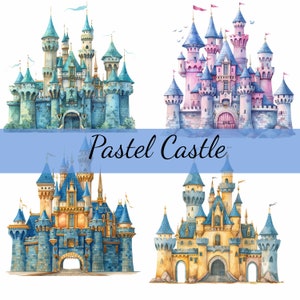 Lot de 12 cliparts château princesse pastel, 12 images JPG de haute qualité, créations artisanales, fabrication de cartes, clipart, créations numériques sur papier, scrapbooking