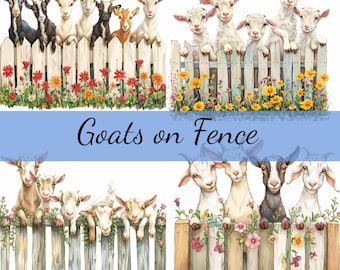 Może przedstawiać: Cyfrowa ilustracja kóz zaglądających przez biały drewniany płot z kwiatami rosnącymi u podstawy. Tekst "Goats on Fence" jest napisany niebieskimi literami na jasnoniebieskim banerze.