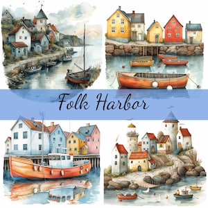 Pacote de clipart de 16 casas de barcos de porto de arte popular, 16 JPG de alta qualidade, arte artesanal, criação de cartões, clip art, artesanato em papel digital, scrapbooking