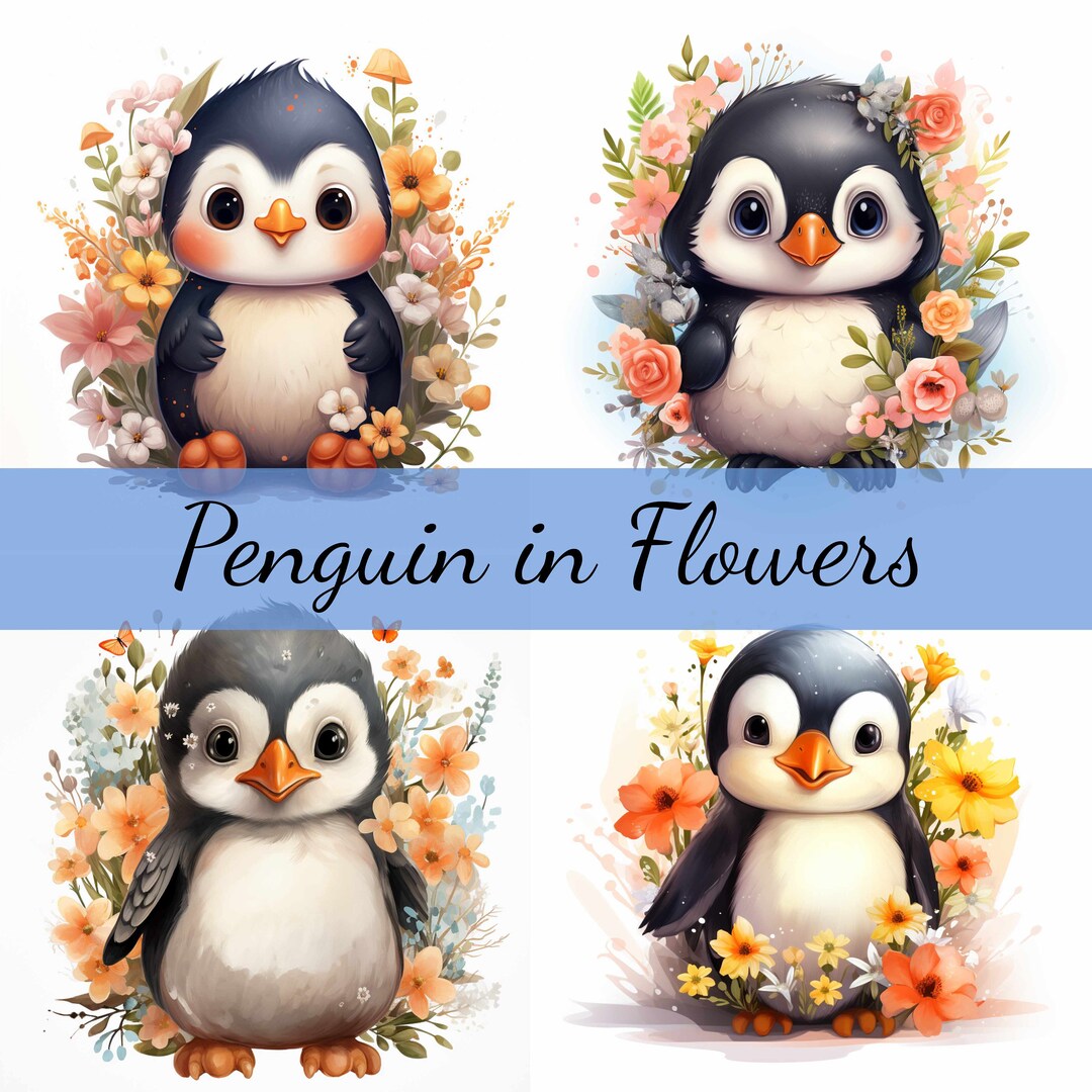 Penguin in Spring Flowers Clipart Bundle, High-quality JPG, Craft Art ...