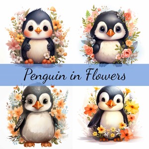 Paquete de imágenes prediseñadas de pingüino en flores de primavera, JPG de alta calidad, arte artesanal, fabricación de tarjetas, imágenes prediseñadas, artesanía de papel digital, álbum de recortes,