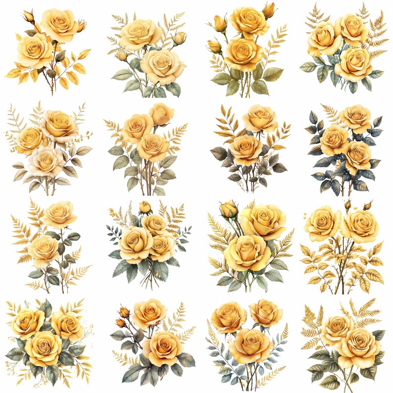 16 Yellow Rose Flower With Gold Clipart Bundle, JPG and Transparent PNG ...