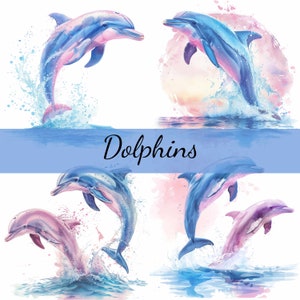 16 Delfine im Blau und Rosa Ozean Clipart Bundle, 16 hochwertige JPG, Craft Art, Kartenherstellung, Clip Art, digitale Papiermodelle, Scrapbooking