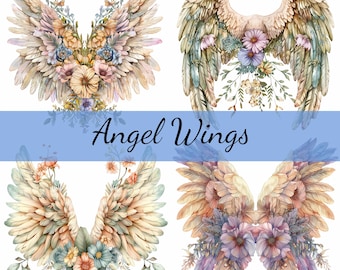 16 Floral Angel Wings with Flowers Clipart Bundle, 16 High-Quality JPG, Craft Art, Card Making, Clip Art, Digital Paper Craft, Scrapbooking