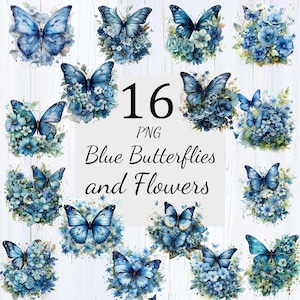 Pacote de 16 borboletas azuis com flores clipart, 16 PNG de alta qualidade, arte de berçário, criação de cartões, clip art, artesanato em papel digital, arte de borboletas