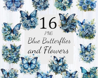 May include: 16 PNG images of blue butterflies with blue flowers. The butterflies are in various poses and the flowers are in clusters.