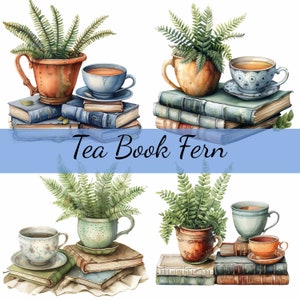 Mug livres et fougère thé ou café Clipart Bundle, 16 fichiers JPG de haute qualité, création artistique, fabrication de cartes, clipart, créations numériques sur papier, scrapbooking