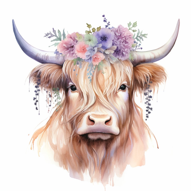 Boho Highland Cow Flower Crown Clipart Bundle, Highquality JPG, Craft
