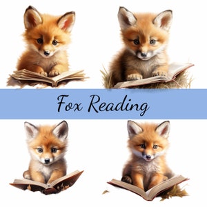 12 Baby-Fuchs, der Buch-Clipart-Bundle liest, hochwertige JPG, Craft Art, Kartenherstellung, Clip Art, Digital Paper Craft, Scrapbooking