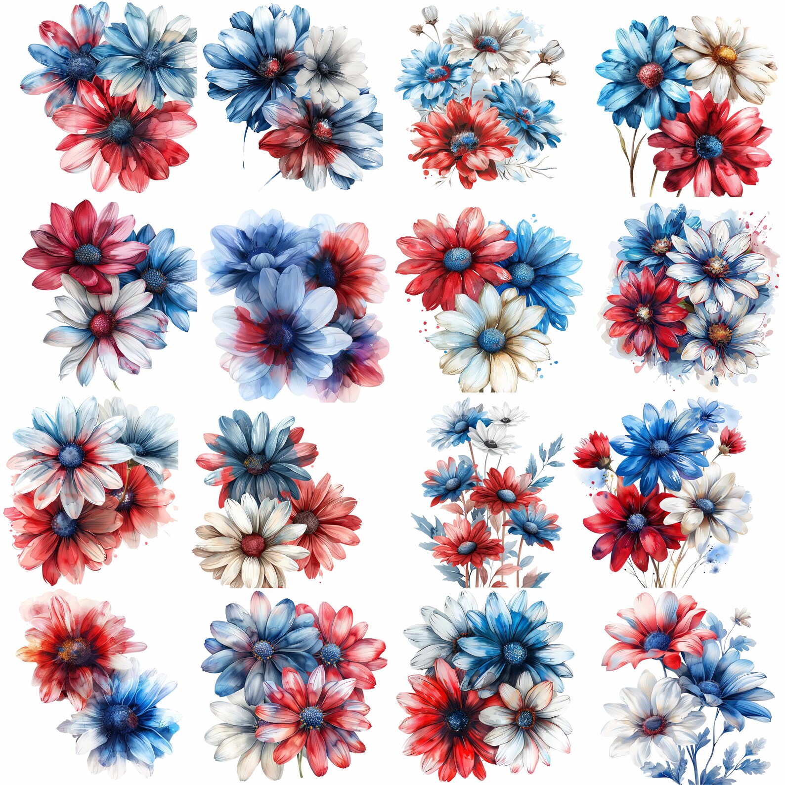 Red White Blue Daisy Flowers Clipart Bundle, 16 High-quality JPG, Craft ...