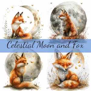 Lot de 16 cliparts célestes renard et lune, 16 fichiers JPG de haute qualité, création artistique, fabrication de cartes, clipart, créations numériques sur papier, scrapbooking