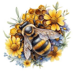Puede incluir: Una pintura de acuarela de una abeja con rayas amarillas y negras, sentada en un panal de miel con flores amarillas y azules que la rodean.