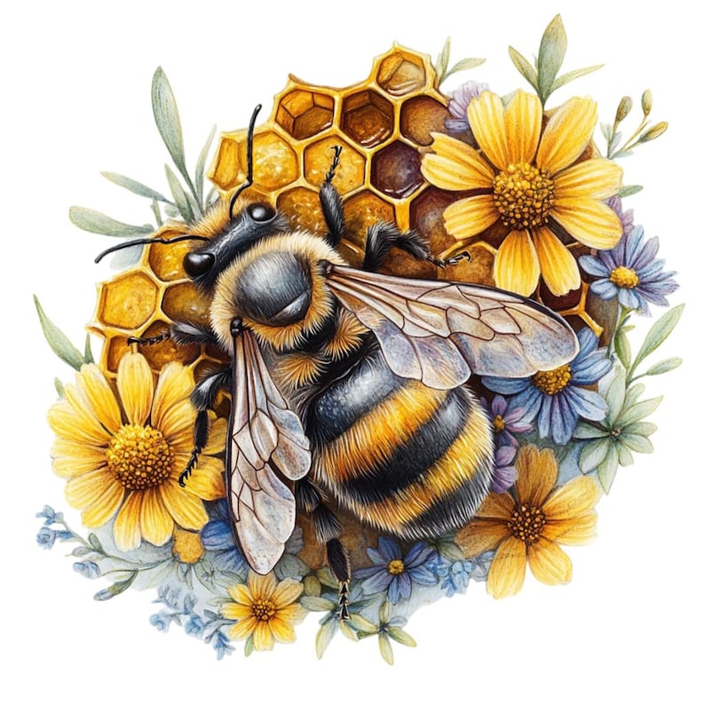 Puede incluir: Una pintura de acuarela de una abeja con rayas amarillas y negras, sentada en un panal de miel con flores amarillas y azules que la rodean.