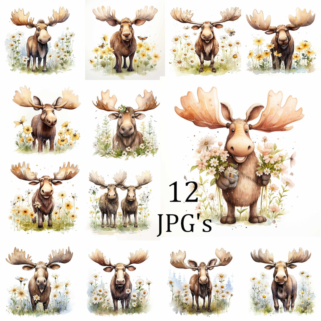 12 Cute Cartoon Moose Clipart Bundle, High-quality JPG, Nursery Art ...