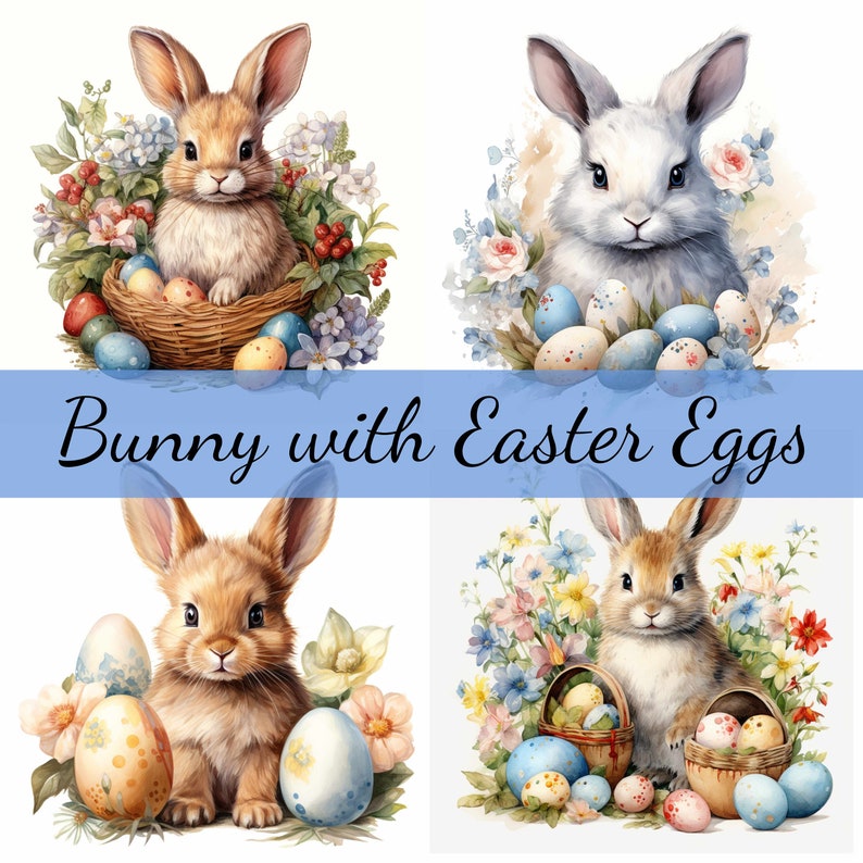 Easter Bunny W Easter Eggs Clipart Bundle, Highquality JPG, Craft Art
