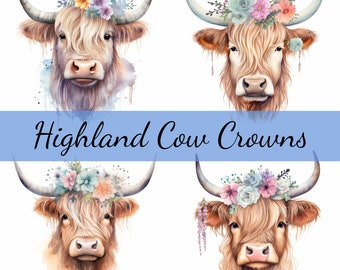 Boho Highland Kuh Blumenkrone, Clipart-Bundle, hochwertige JPG-Dateien, Kunsthandwerk, Kartenherstellung, Clip Art, digitale Papiermodelle, Scrapbooking-Kinderzimmer