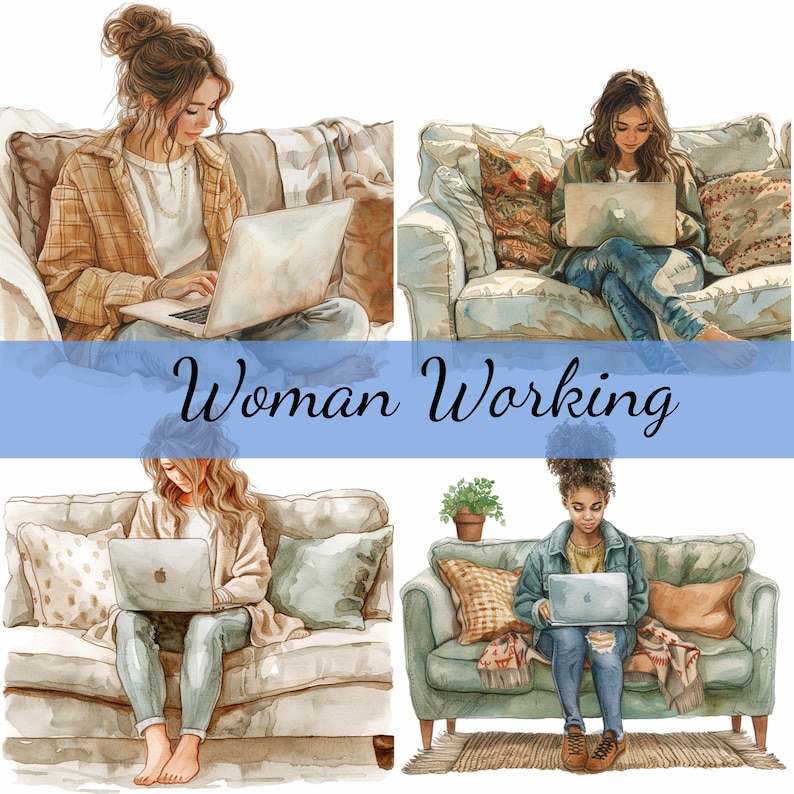 Woman on Couch With Laptop Clipart Bundle, 14 Highquality JPG, Craft