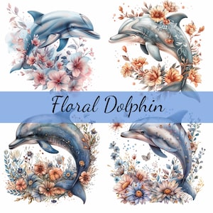 Lot de 16 cliparts dauphins floraux, 16 images JPG de haute qualité, créations artistiques, fabrication de cartes, clipart, créations numériques sur papier, scrapbooking