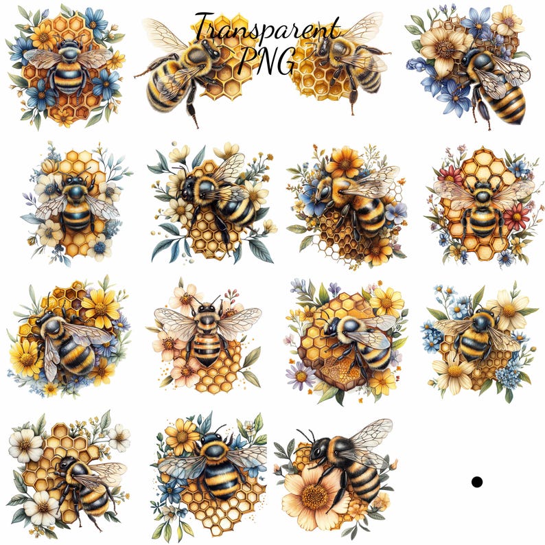 Puede incluir: Doce ilustraciones digitales de abejas en un panal con flores. Las abejas son amarillas y negras con rayas marrones. Las flores son amarillas, azules y blancas. El panal es marr&oacute;n y amarillo.
