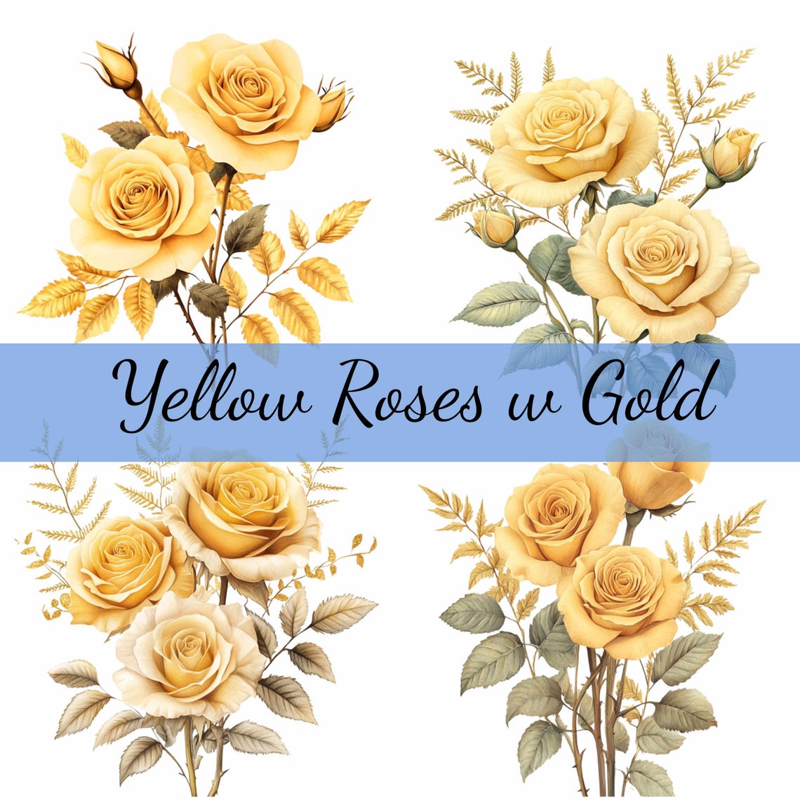 16 Yellow Rose Flower With Gold Clipart Bundle, JPG and Transparent PNG ...