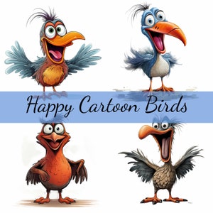Happy Birds Lindo paquete de imágenes prediseñadas de dibujos animados divertidos, 16 JPG de alta calidad, arte artesanal, fabricación de tarjetas, imágenes prediseñadas, artesanía de papel digital, scrapbooking