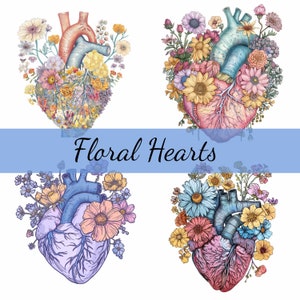 Pacote de 14 clipart de flores de coração floral, 14 JPG de alta qualidade, arte artesanal, criação de cartões, clip art, artesanato em papel digital, scrapbooking