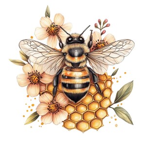 Puede incluir: Una ilustraci&oacute;n detallada de una abeja con rayas marrones y amarillas, posada sobre un panal de miel. La abeja est&aacute; rodeada de delicadas flores blancas con centros rosados.