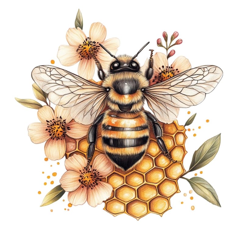 Puede incluir: Una ilustraci&oacute;n detallada de una abeja con rayas marrones y amarillas, posada sobre un panal de miel. La abeja est&aacute; rodeada de delicadas flores blancas con centros rosados.
