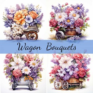 14 Blumen Leiterwagen Clipart Bundle, hochwertiges JPG, Kunsthandwerk, Kartenherstellung, Clip Art, Digitales Papiermodell, Scrapbooking, Blumenstrauß
