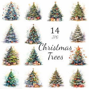 14 Watercolor Christmas Tree Clipart Bundle, High-Quality JPG, Nursery Art, Card Making, Clip Art, Digital Paper Craft, Scrapbooking