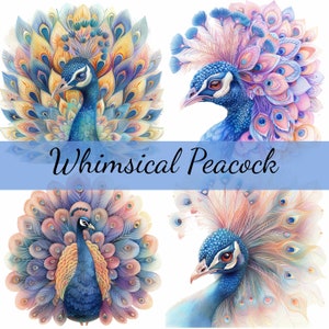 Lot de 16 cliparts paon fantaisiste, 16 JPG de haute qualité, création artistique, fabrication de cartes, clipart, créations numériques sur papier, scrapbooking
