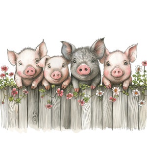 Cute Pigs on a Farm Fence Clipart Bundle, 15 High-Quality JPG, Craft Art, Card Making, Clip Art, Digital Paper Craft, Scrapbooking